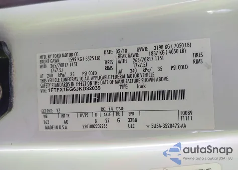 2018 Ford F-150 Xl из США, поврежденный, VIN 1FTFX1EG6JKD82039